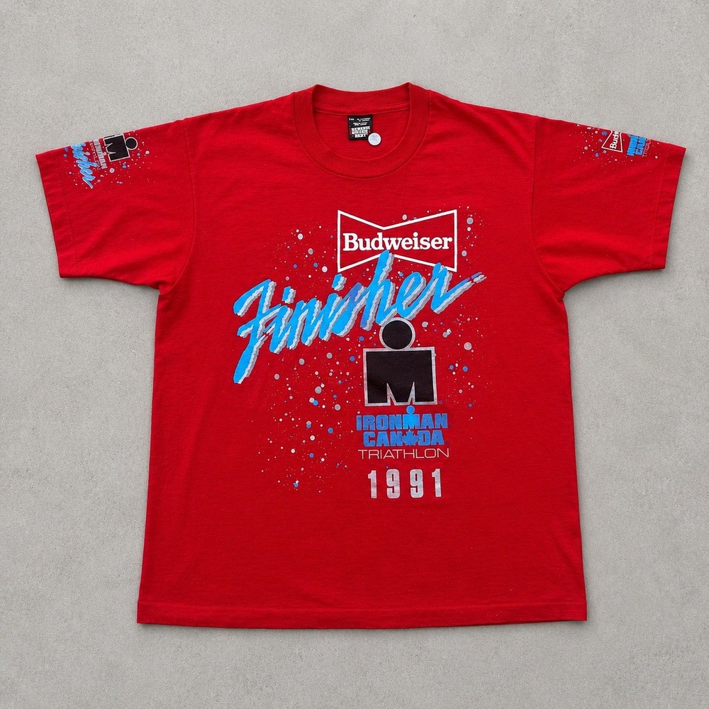 Vintage 90s Ironman Canada Triathlon Budweiser Finisher Red T-Shirt Mens XL